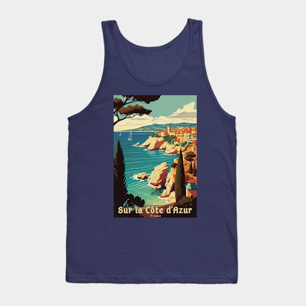 Sur La Cote d' Azur France, French Riviera, Vintage Travel Poster Tank Top by GreenMary Design